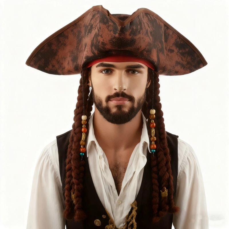 Pirates of the Caribbean Captain Jack Sparrow Pirate Hat Wig Stage Performance Men's Style Halloween Party Tricorn Hat Pirates of the Caribbean Captain Jack Sparrow Pirate Hat Wig Stage Performance Men's Style Halloween Party Tricorn Hat