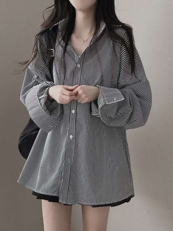 早秋2025新款韩系条纹长袖衬衫外套大码女装胖mm宽松慵懒衬衣上衣|undefined