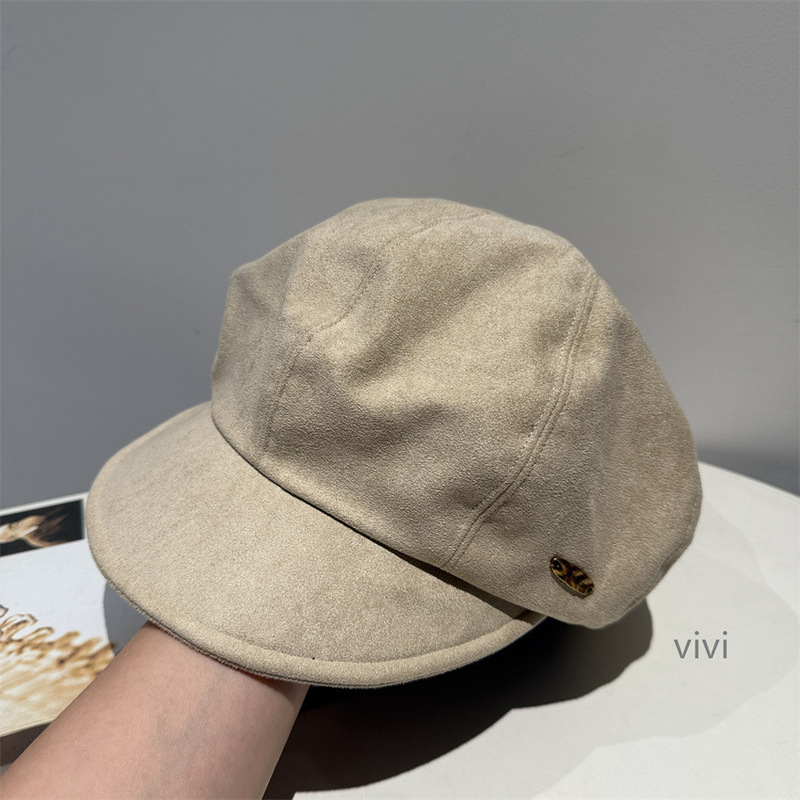 秋冬简约咖色大头围八角帽女秋冬日系复古百搭麂皮绒时尚画家帽子|undefined