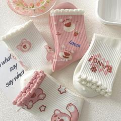 粉色襪子女中筒ins潮百搭秋冬韓國可愛小熊甜美百搭學生運動長襪