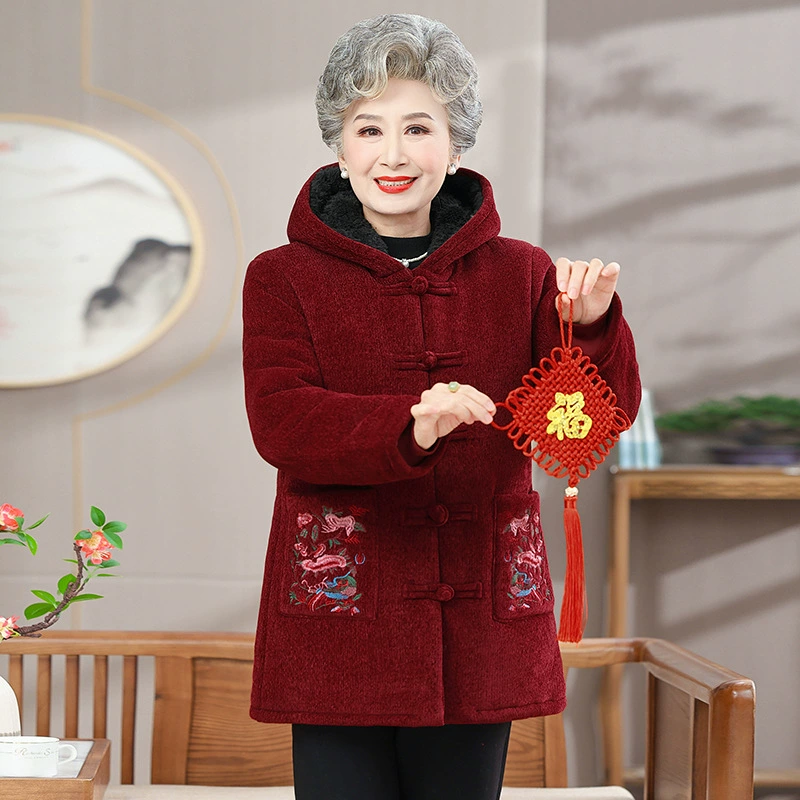 Осенняя и зимняя новая бабушка с капюшоном пальто 60 лет 70 пожилых людей плюшевая утолщая хлопчатобумажная одежда теплая старушка хлопчатобумажная одежда женщина