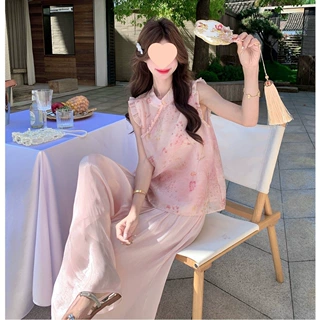 粉色晕染碎花新中式国风套装2026新款女夏小飞袖上衣阔腿裤两件套