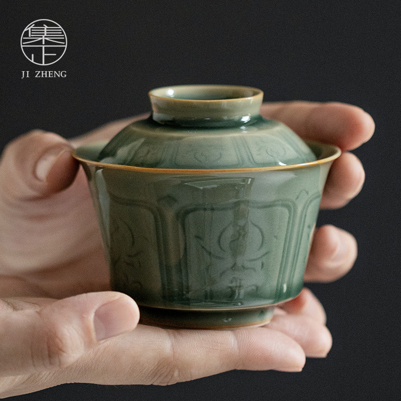 Yue Kiln Fuxi Covered Bowl Longquan Celadon Wenwan Ercai Bowl Plum Green Household Ceramic Tea Set Tea Bowl Single