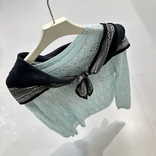 法式镂空钩花设计长袖针织衫女薄款温柔气质显瘦宽松罩衫上衣2026