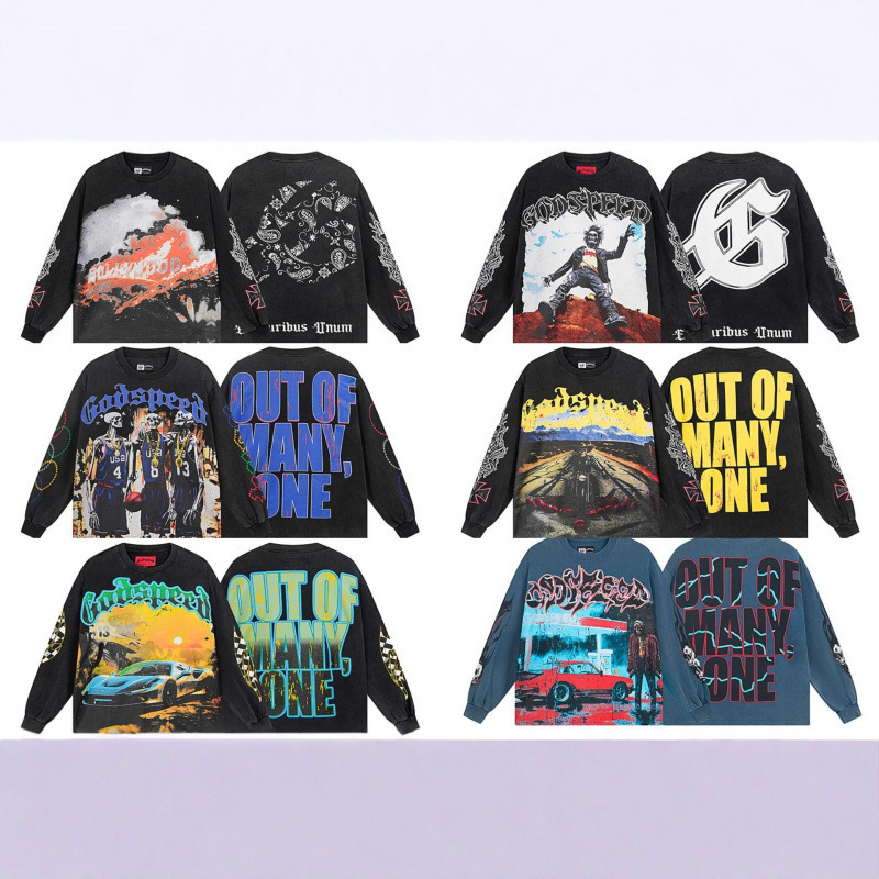 Cross-Border Trendy Brand Foreign Trade God&Speed Skull Letter Print Washed Long Sweatshirt Unisex High Street Retro