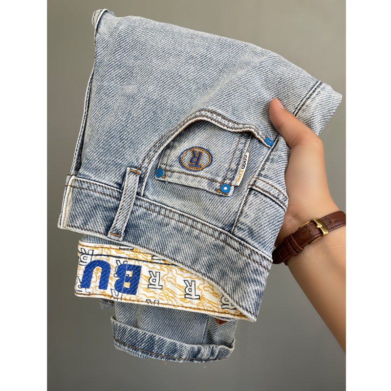 High-end Men's Jeans Summer Thin Twill Cotton Stretch Skinny Pants Washed White Embroidered Light Color Casual Pants