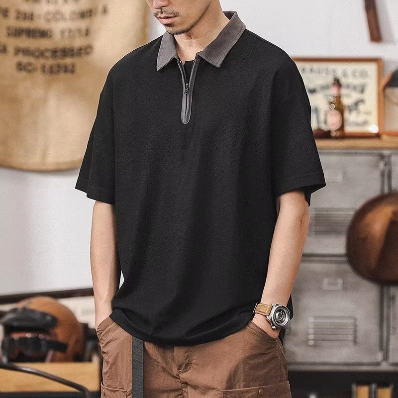 夏厚手ルーズジッパーラペルスポーツメンズトレンディな半袖Tシャツアメリカンレトロポロシャツメンズ半袖|undefined