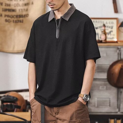 Summer Heavyweight Loose Zipper Collar Sports Men's Trend Brand Half Sleeve T-Shirt American Retro Polo Shirt Men's Short Sleeve