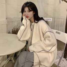 秋冬软糯风毛衣新款开衫外套女韩版中长款外穿上衣宽松百搭针织衫
