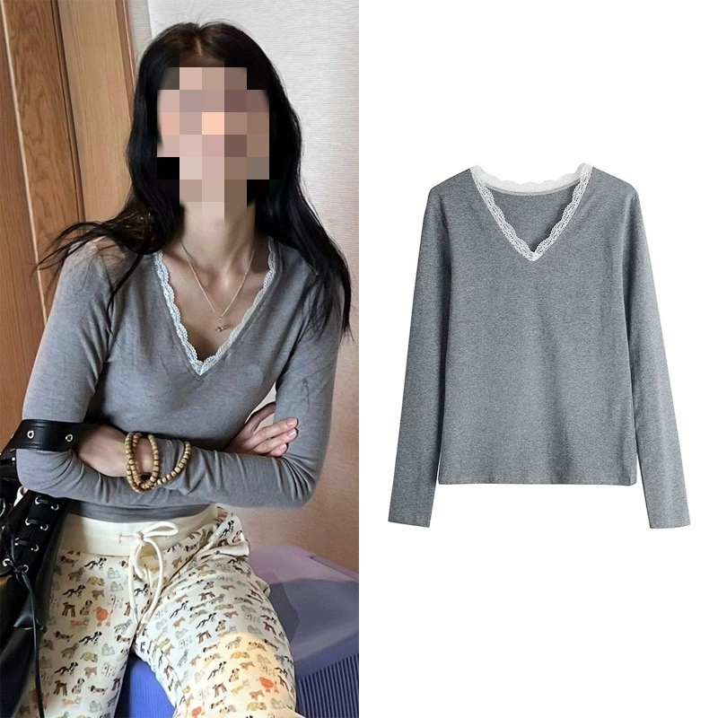 В наличии Zhao Zhaoyi в стиле Знаменитостей Новая Серая кружевная строчка с V-образным вырезом узкая нишевая нижняя рубашка-футболка для женщин