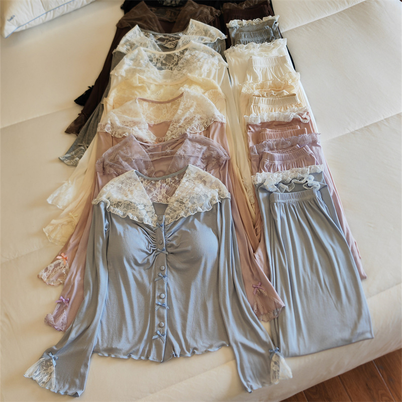 2025 New Pajamas for Women Spring and Autum Modal Long-Sleeved Lace with Breast Pads Pure Lust Style Large Size Suit Home Clothes