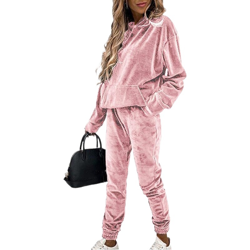 Transfronterizo 2020 invierno nuevo Amazon europeo y americano color sólido con capucha deportes casual zorro plateado traje de terciopelo femenino OM9554