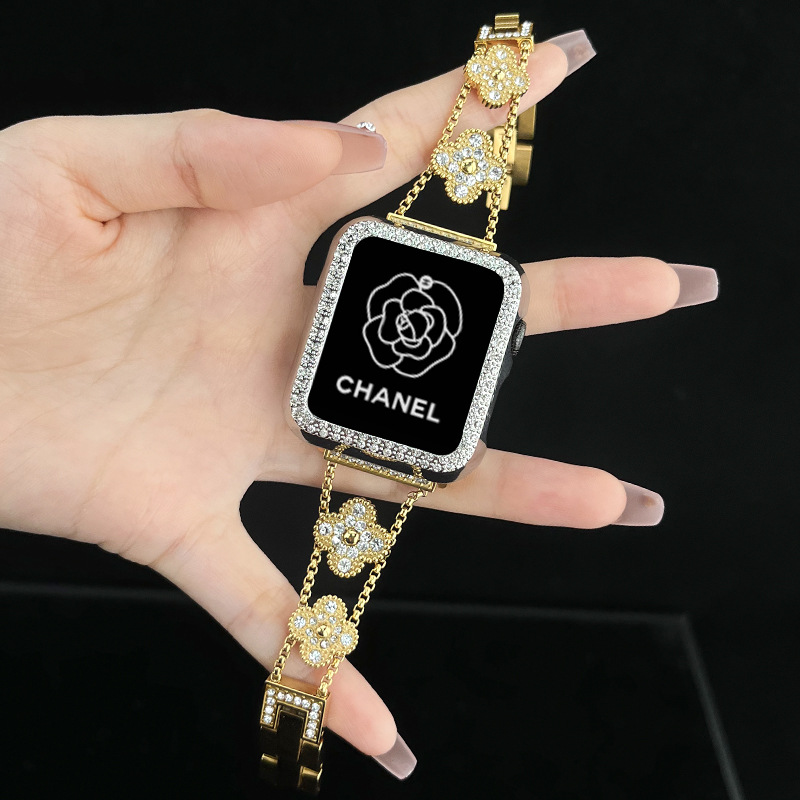 Suitable for Apple Iwatch9 Watch Strap Applewatch Diamond Four-Leaf Clover S9 Ladies S8 Classy Niche