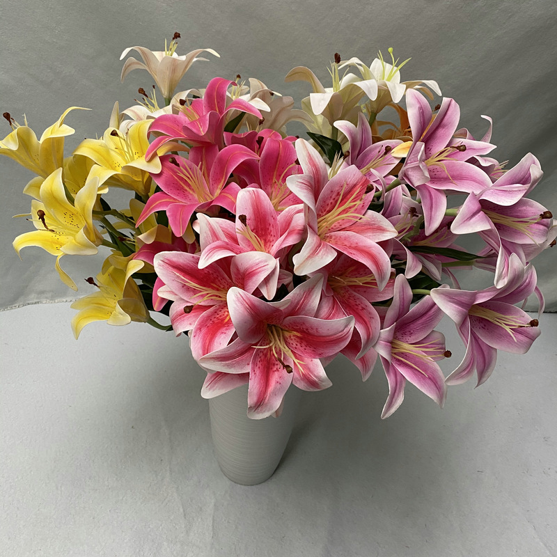 新款仿真3D9頭 小百合PU手感仿真花 婚慶家居裝飾品擺件花藝假花