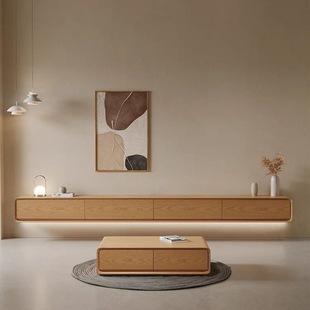 Solid Wood Suspended Tv Cabinet, Log Style, Simple Wall-Mounted Living Room, Small Apartment Tv Cabinet, Coffee Table Combination, One-Piece Wall-Mounted