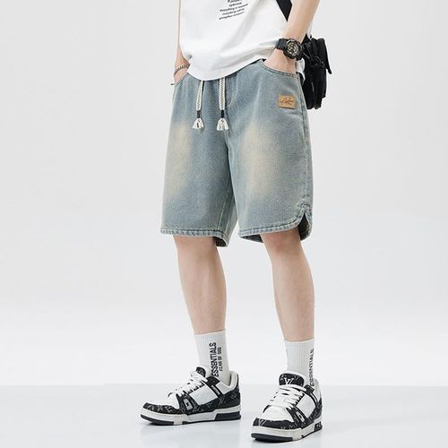 Summer thin star pattern denim shorts for men, straight-leg loose American style casual five-pocket pants