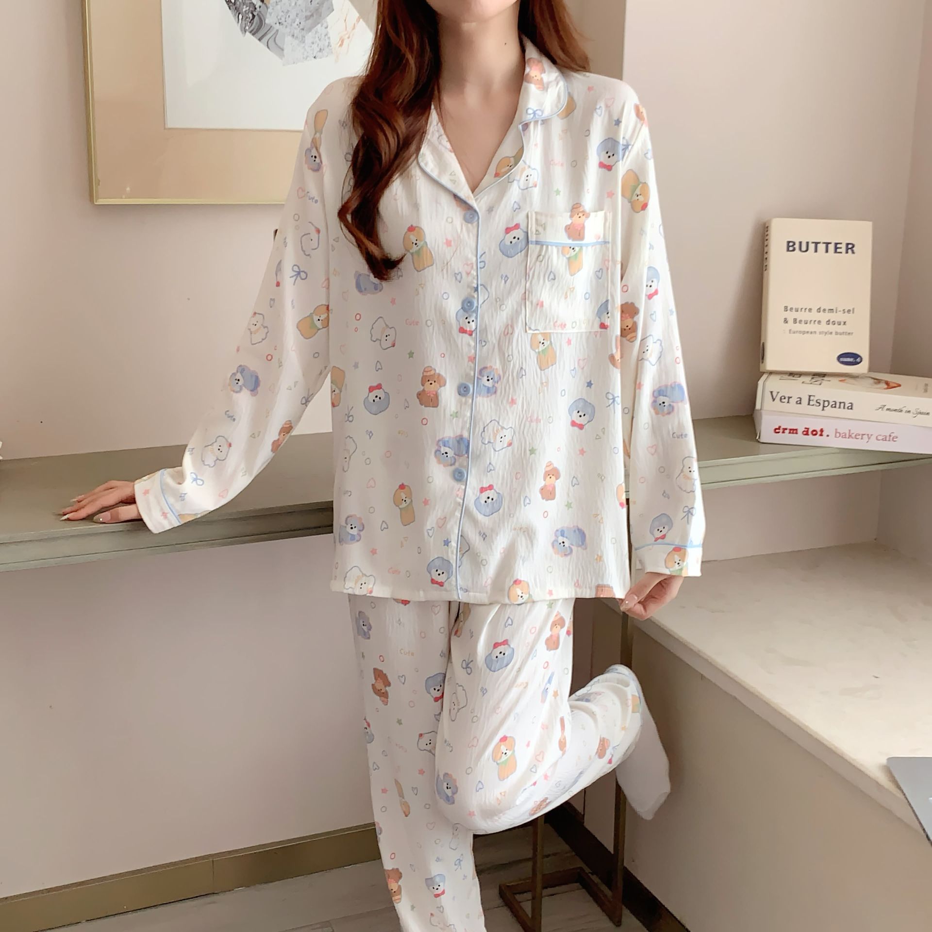 Al por mayor transfronterizo nuevo pijama de mujer pantalones de manga larga nubes de algodón lindos dibujos animados estudiantes cardigan con solapa cubierta de ropa para el hogar