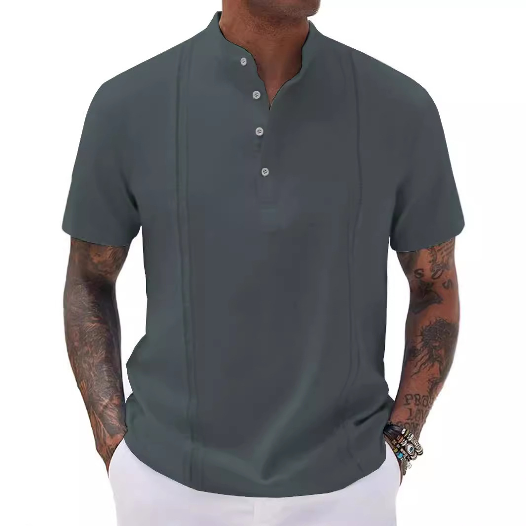 Nueva camiseta de hombre estilo europeo y americano con media cremallera, camiseta informal de verano a rayas de manga corta para negocios, camiseta transpirable estampada.