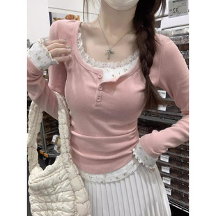 Trendy Pure Desire Style Fake Two-Piece Long Sleeve Shirt for Women, New Slim Fit Low Neck Inner Layer Top for Spring and Autumn
