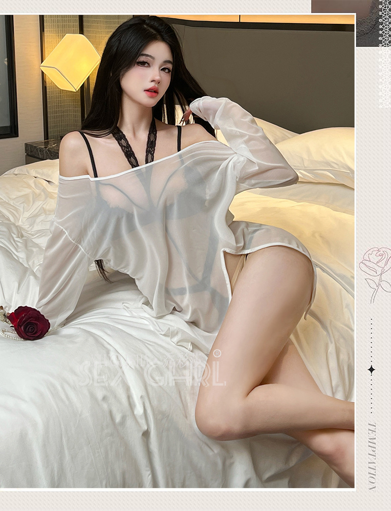 Women’s See-Through Mesh Lingerie Set, Off-Shoulder Halter Neck Three-Piece Plus-Size Nightgown — detail image 7