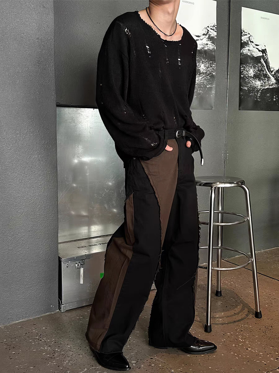 Herrenbekleidung: Herren-Strickpullover im Used-Look mit Spitzenbesatz und übergroßem Kragen – Trendiger Langarmpullover für Streetwear und Lagenlook_voghion.com