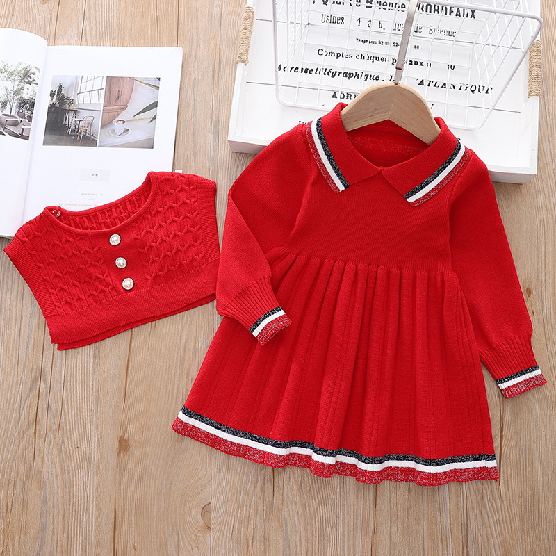 Kinder 2024 Neues Pulloverkleid Zweiteiliges Set Mädchenweste + Kleid Gestrickter Wollrock_voghion.com