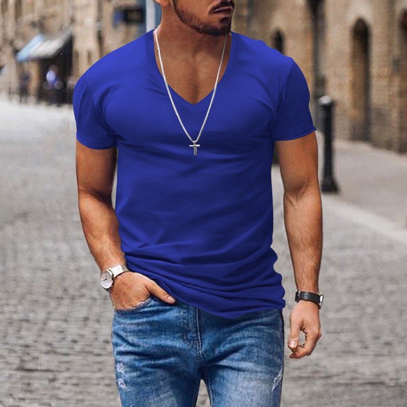 Men's Slim Fit V-neck T-shirt Solid Colour Casual Summer Style_voghion.com