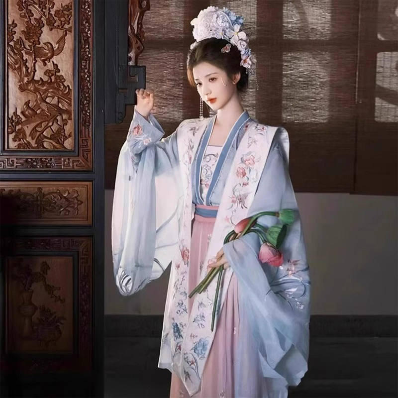 Original Song Dynasty-Style Hanfu for Women, Beautiful Ancient Costume with Large Sleeves, Flowing Robe, Waist-Length Skirt, Ethereal Ancient-Style Set for Summer