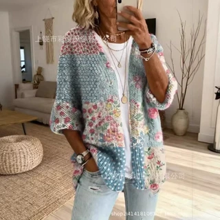 跨境欧美亚马逊印花开衫新款花卉宽松外套亚马逊印花开衫外套
