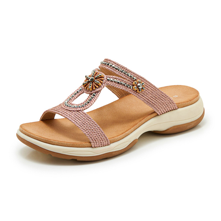 Dép sandal nữ quai chữ V đế xuồng thêu điện bohemian — Champagne màu, màu đen, màu hồng chi tiết 22