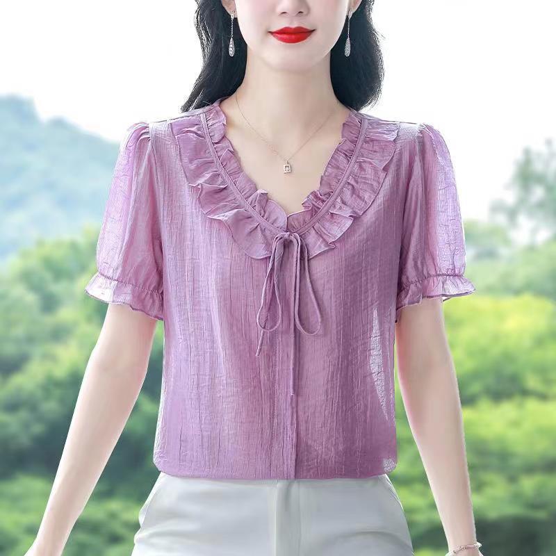 New Style Ruffled Collar Tie-Up Women's Top, Fashionable Chiffon Summer Blouse for Moms, Short-Sleeve Versatile Solid Color Shirt