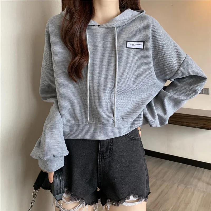 Waffle Short Hooded Sweatshirt for Female Students Korean Style Autumn and Winter New Design Loose Lazy Style Top Jacket