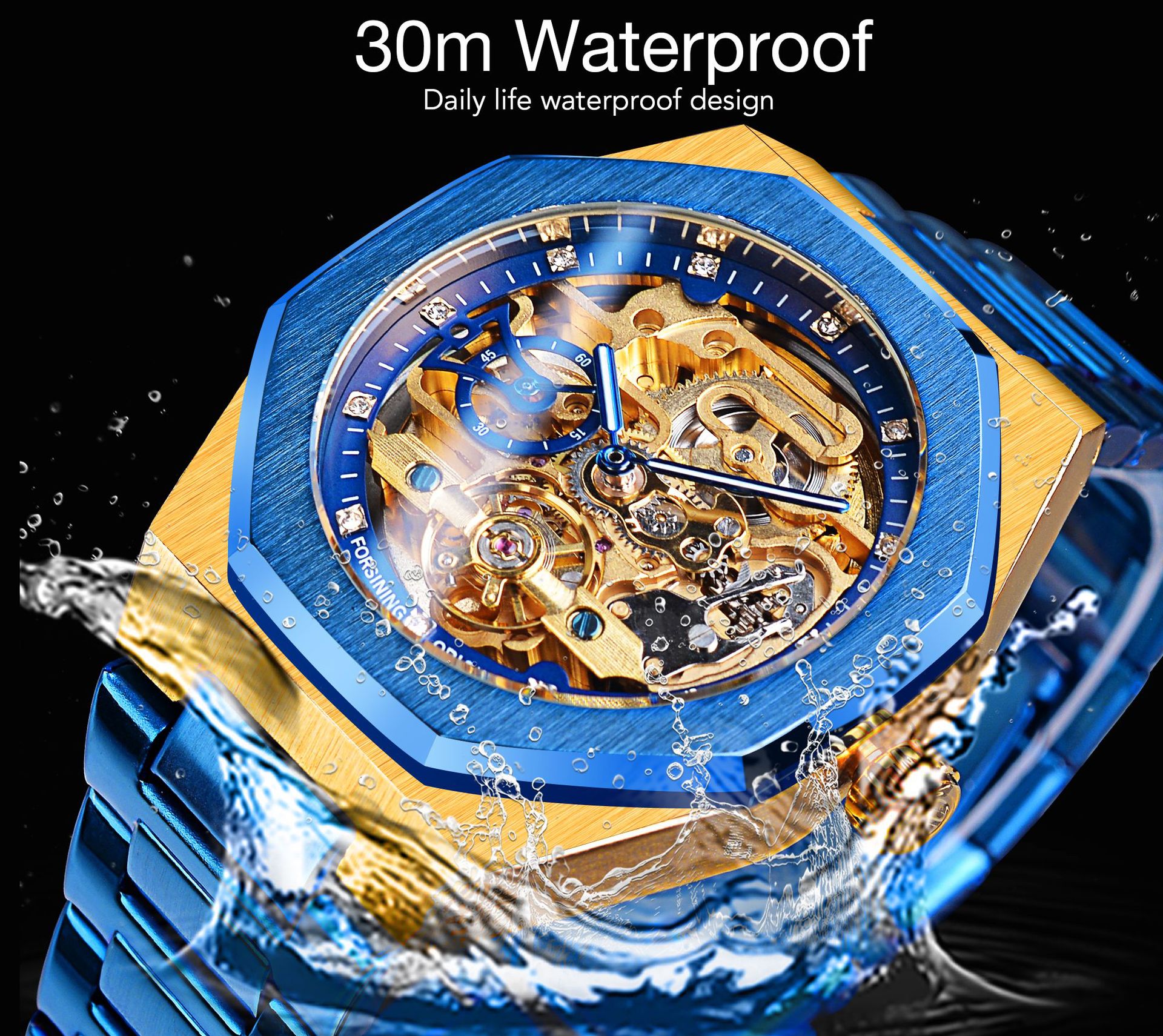 Men's Automatic Mechanical Watch With Blue Steel Strap Tourbillon_voghion.com