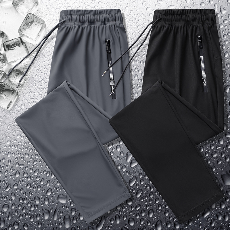Pantalones deportivos casuales de seda de hielo para hombres pantalones de verano finos de punto de oro elásticos de secado rápido casuales atados al tobillo más pantalones de tamaño