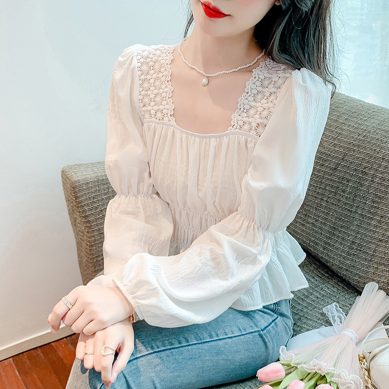 木耳边系带方领泡泡袖衬衫女秋设计感小众甜美气质短款娃娃衫上衣