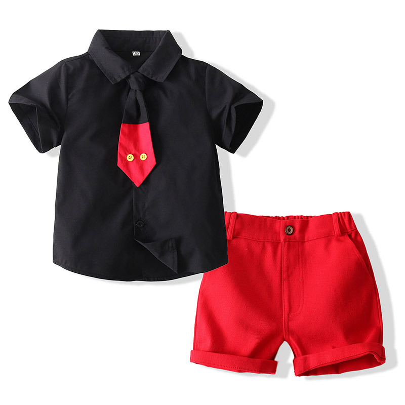 Summer Children's Wear Korean-style Boys' Suit Handsome Tie Children's Solid Color Short-sleeved Shirt Pants Two-piece Set