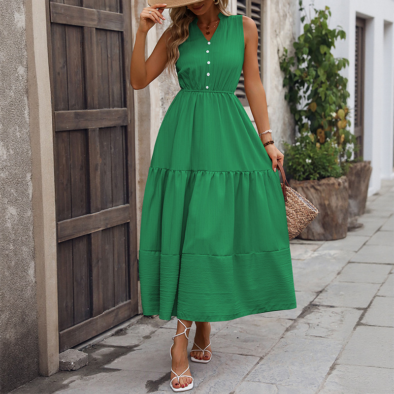 V-Neck Summer A-Line Skirt Women's Solid Color Sleeveless Stand-Up Collar Dress_ecoleips.com