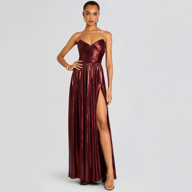 Cross-Border Amazon New Party Banquet Evening Dress Foreign Trade Fashion Nightclub Sexy Pleated Slit Dress for Women