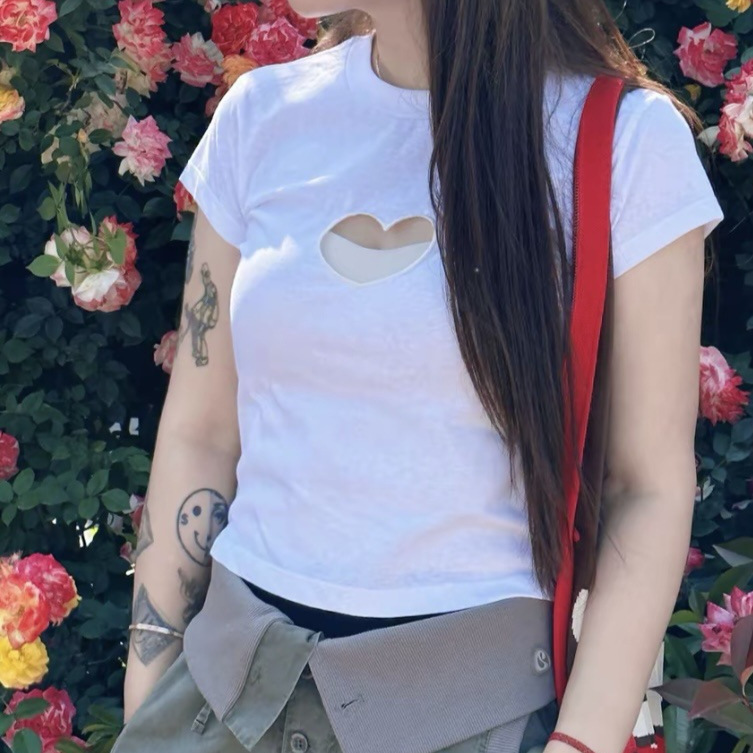 Now - Correct Version Korean Dongdaemun 26 New Model Valentine's Day Limited Edition Loose-Fitting Heart-Shaped Cutout Short-Sleeve T-Shirt