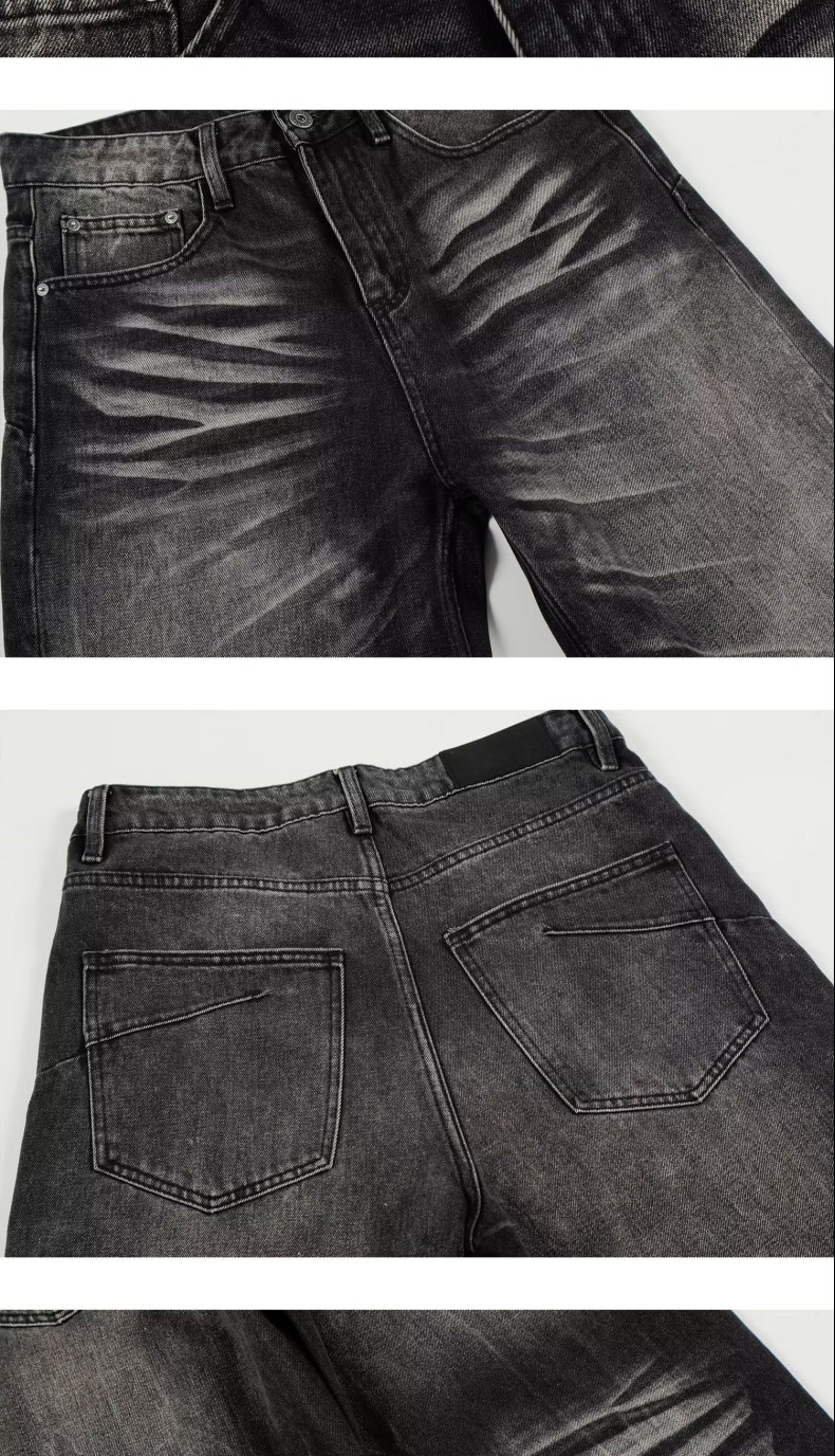 Cleanfit Heavyweight Whisker Print Jeans Retro Style For Men And Women Loose Fitting Straight Leg Wide Leg Casual Pants_mkmklike.com