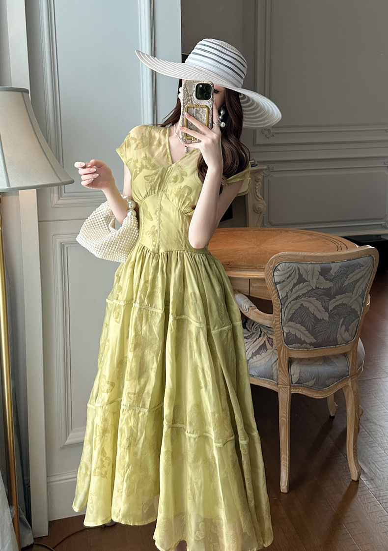 Váy maxi nữ in họa tiết cổ chữ V thắt eo phong cách hoàng gia — Màu xanh cỏ chi tiết 13