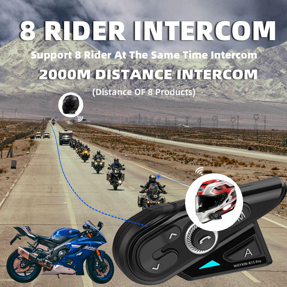 Helmet Bluetooth Intercom 2000m All-Purpose Intercom Maximum Supports Intercom for 8-Person Helmet Headset Fm