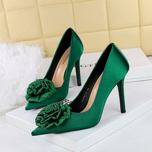 3391-H55 Korean Edition Fashion Banquet Light Luxury Women's Shoes High Heels Thin Heels Shallow Mouth Pointed Silk Flower High Heels Single Shoes
