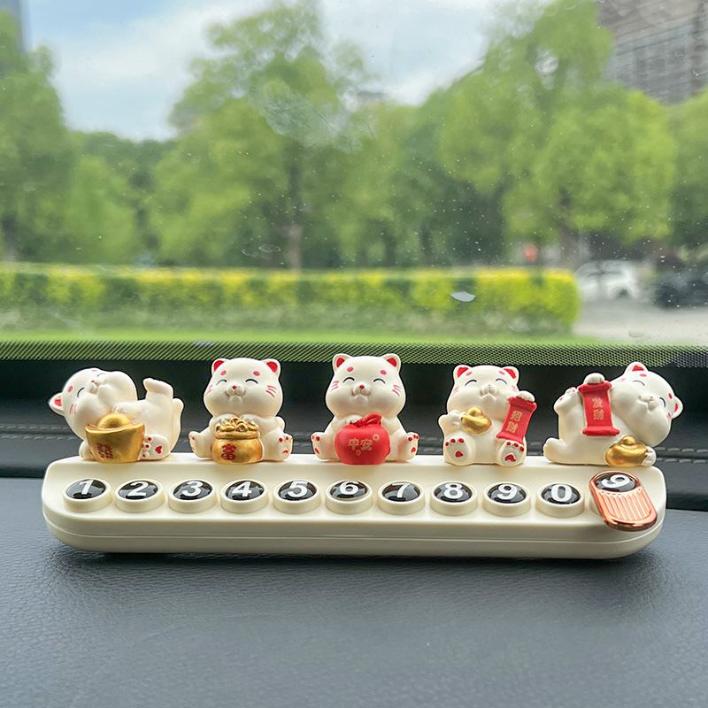 Cute and Chubby Lucky Cat Temporary Parking Number Plate, Safe and Prosperous Car Moving Phone Plate, Aromatherapy Car Interior Decoration