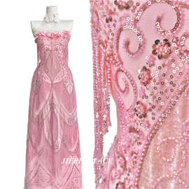 外贸重工激光绒布长条流苏珠管亮片绣面料婚纱礼服裙DIY布料 lace