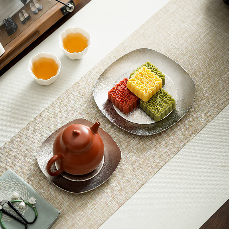 Pure Titanium Teapot Stand, Vintage Fruit Plate, Bone Dish, Chinese-Style Tea Snack Tray, Tea Cup Holder, Tea Set, Square Metal Dessert Plate Pure Titanium Teapot Stand, Vintage Fruit Plate, Bone Dish, Chinese-Style Tea Snack Tray, Tea Cup Holder, Tea Set, Square Metal Dessert Plate