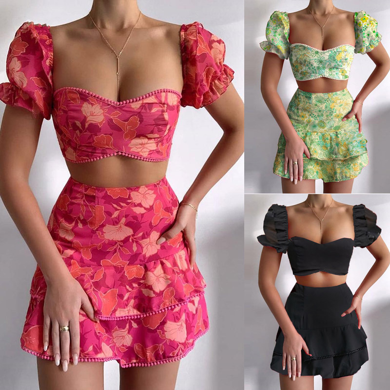 149g Weight Short Sleeve Sleeve Length Polyester Fabric Type Skirt Co-ord Set Sets Type Daily Women'S Vacation Printing Polyester Printing Skirt Co-ord Set Skirt Sets
