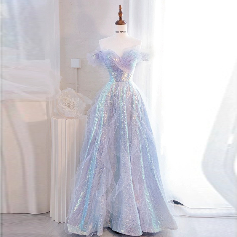 Vestido de fiesta 2025 nuevo estilo de verano francés un hombro brillante dorado vestido de vestido de exámenes de arte de mitzvah