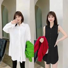 2025衬衫女秋冬款中长款叠穿内搭加绒大码幂式穿搭白背心无袖衬衣