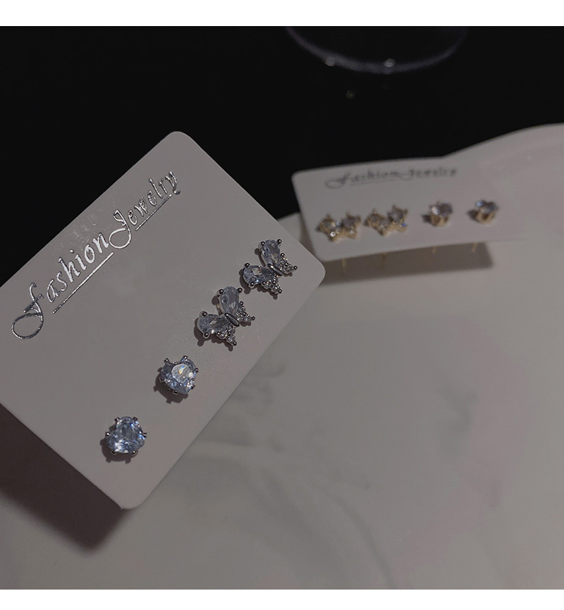 Simple Style Heart Shape Bow Knot Copper Inlay Zircon Ear Studs 4 Piece Set